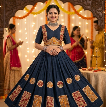 Navy Blue Pure Rayon Cotton Multi Print Patch Work Navratri Lehenga Choli
