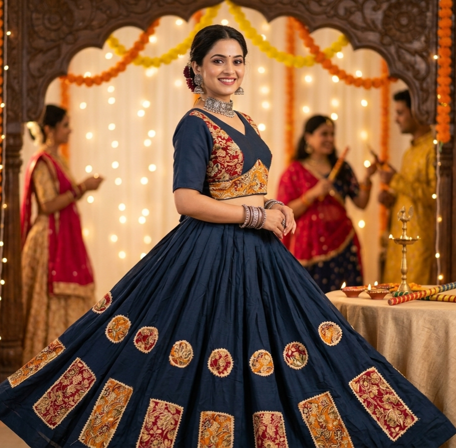 Navy Blue Pure Rayon Cotton Multi Print Patch Work Navratri Lehenga Choli