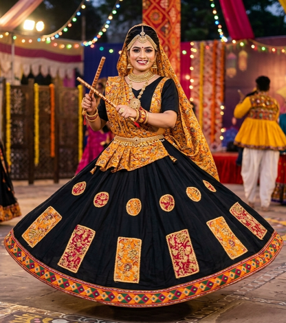 Black Pure Rayon Cotton Multi Print Patch Work Navratri Lehenga Choli