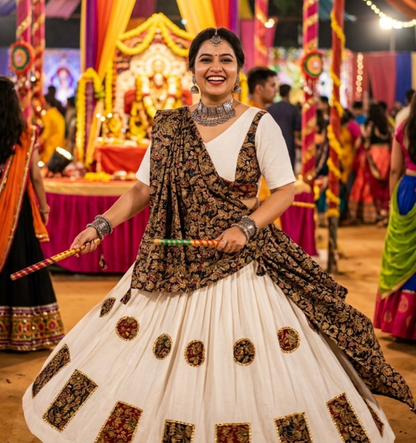 White Pure Rayon Cotton Multi Print Patch Work Navratri Lehenga Choli