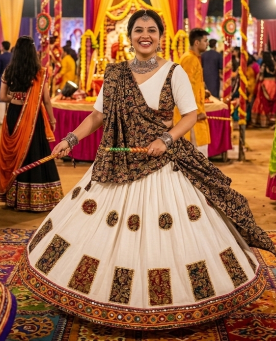 White Pure Rayon Cotton Multi Print Patch Work Navratri Lehenga Choli