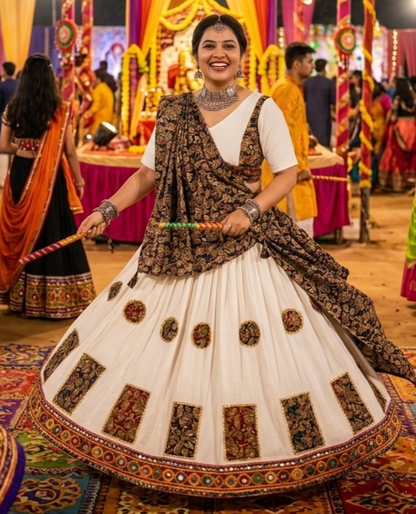 White Pure Rayon Cotton Multi Print Patch Work Navratri Lehenga Choli