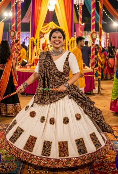 White Pure Rayon Cotton Multi Print Patch Work Navratri Lehenga Choli