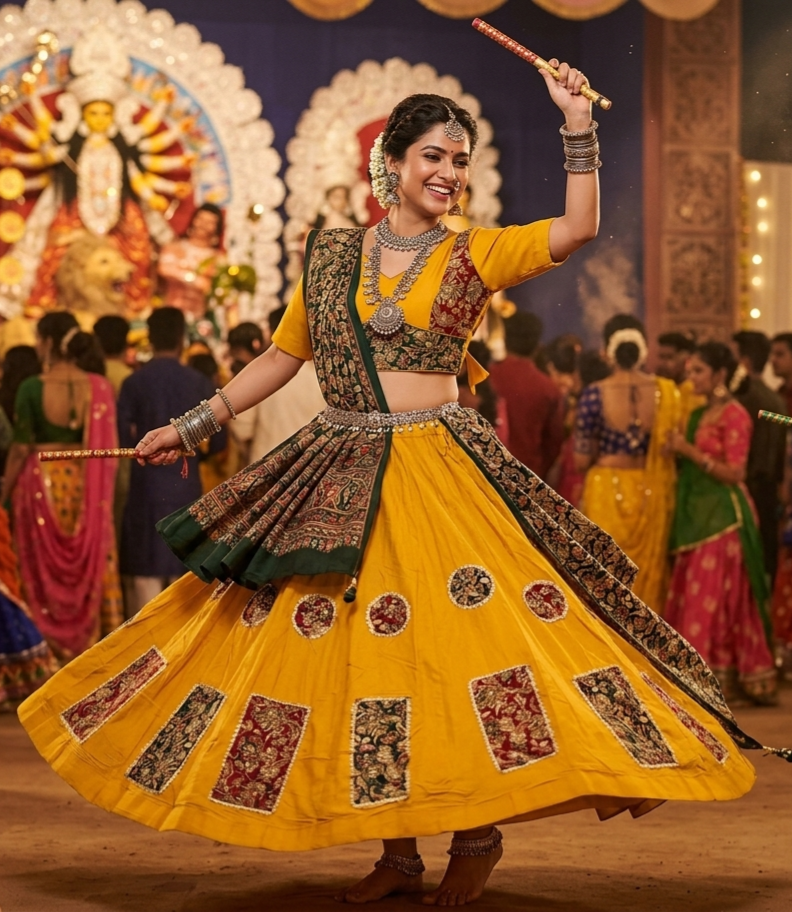 Yellow Pure Rayon Cotton Multi Print Patch Work Navratri Lehenga Choli