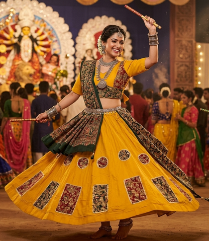 Yellow Pure Rayon Cotton Multi Print Patch Work Navratri Lehenga Choli