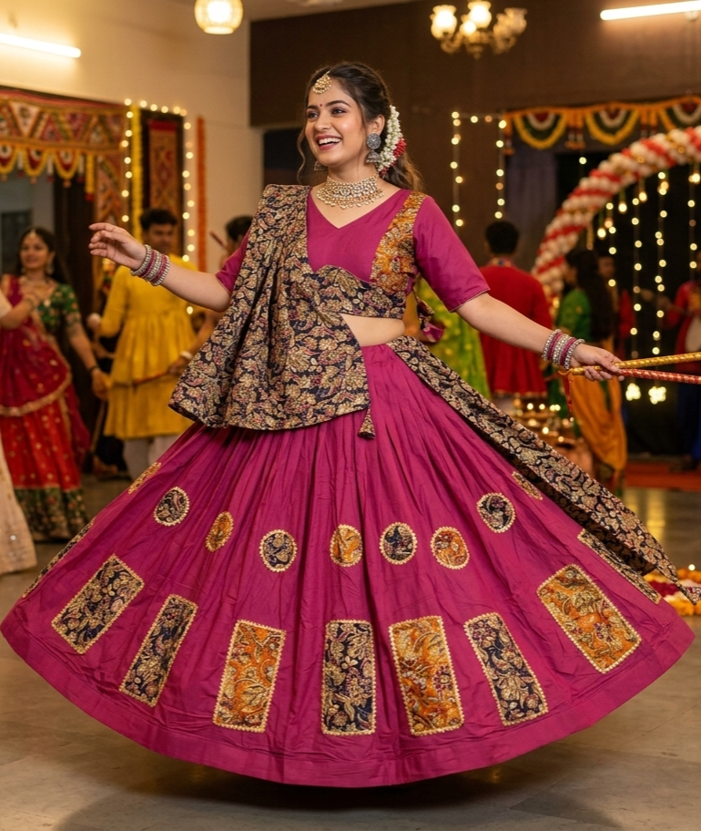 Magenta Pure Rayon Cotton Multi Print Patch Work Navratri Lehenga Choli