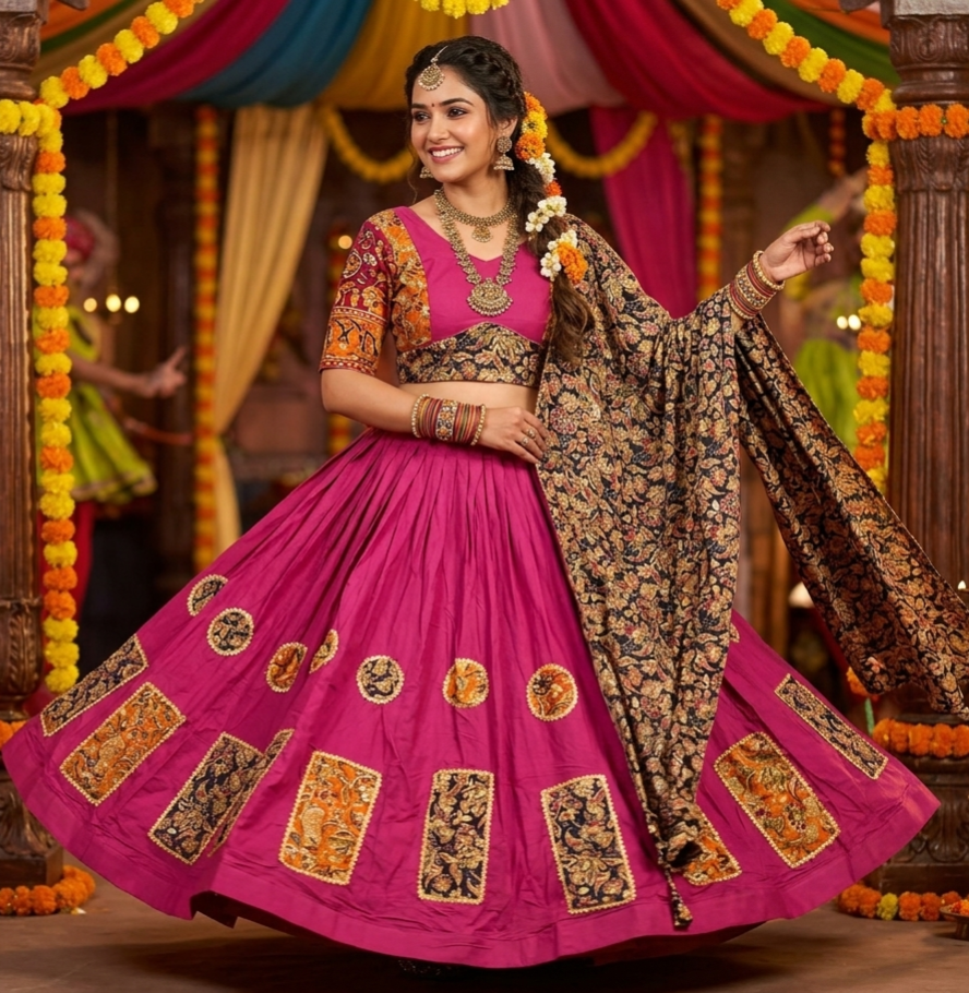 Pink Pure Rayon Cotton Multi Print Patch Work Navratri Lehenga Choli