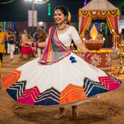 White Pure Rayon Cotton Multi Print Patch Work Navratri Lehenga Choli