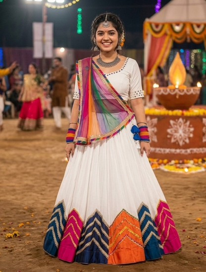 White Pure Rayon Cotton Multi Print Patch Work Navratri Lehenga Choli