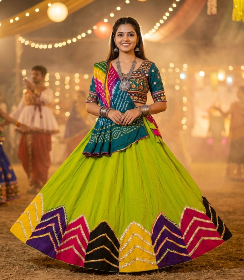 Parrot Pure Rayon Cotton Multi Print Patch Work Navratri Lehenga Choli