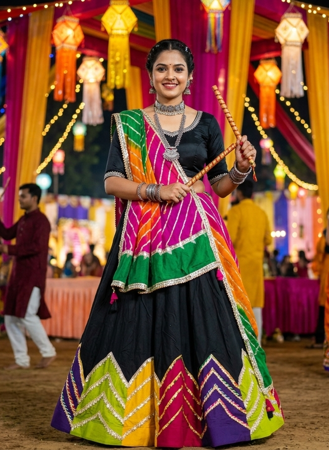 Black Pure Rayon Cotton Multi Print Patch Work Navratri Lehenga Choli
