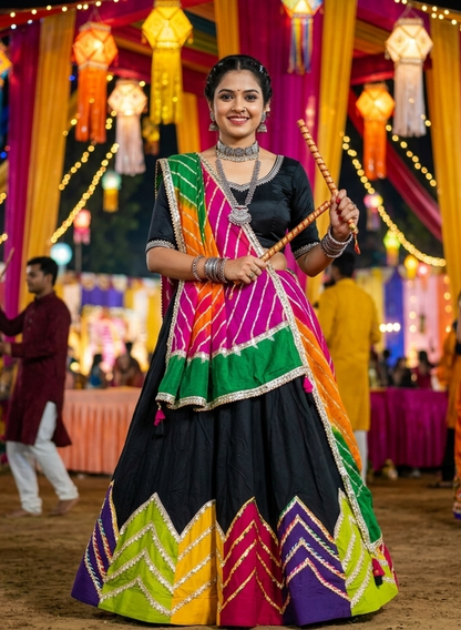 Black Pure Rayon Cotton Multi Print Patch Work Navratri Lehenga Choli