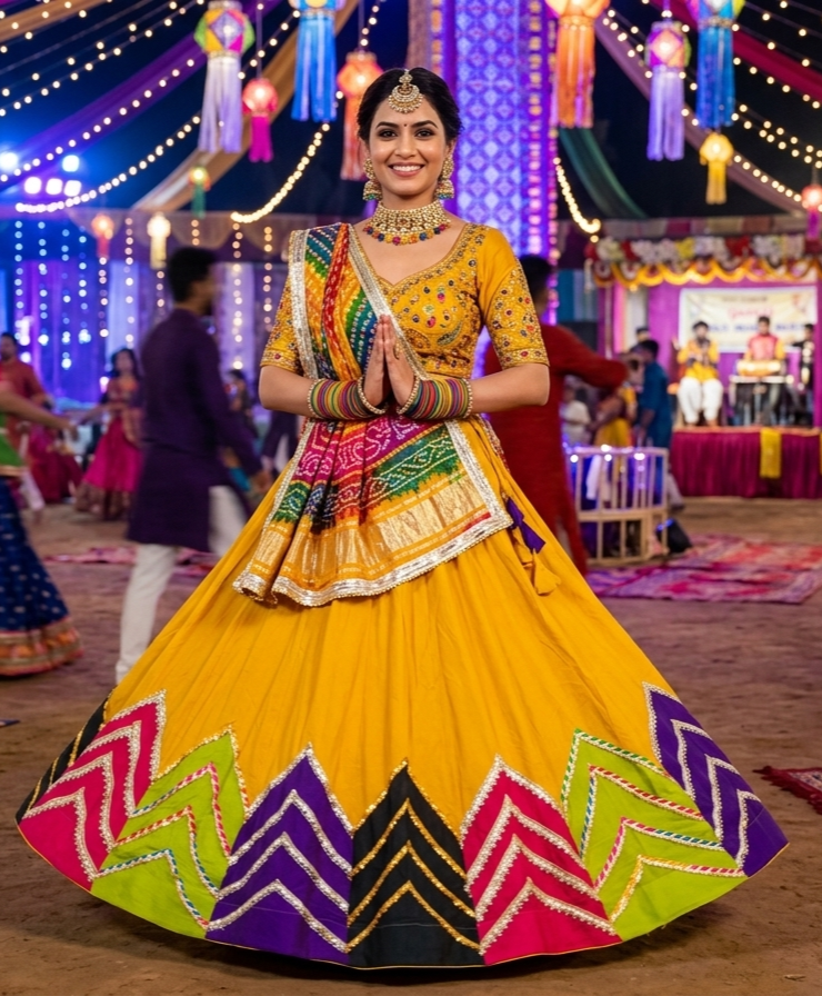 Yellow Pure Rayon Cotton Multi Print Patch Work Navratri Lehenga Choli