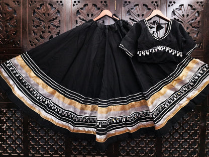 Black Pure Roman Silk Multi Thread Gotta Patti Mirror Work Navratri Lehenga Choli