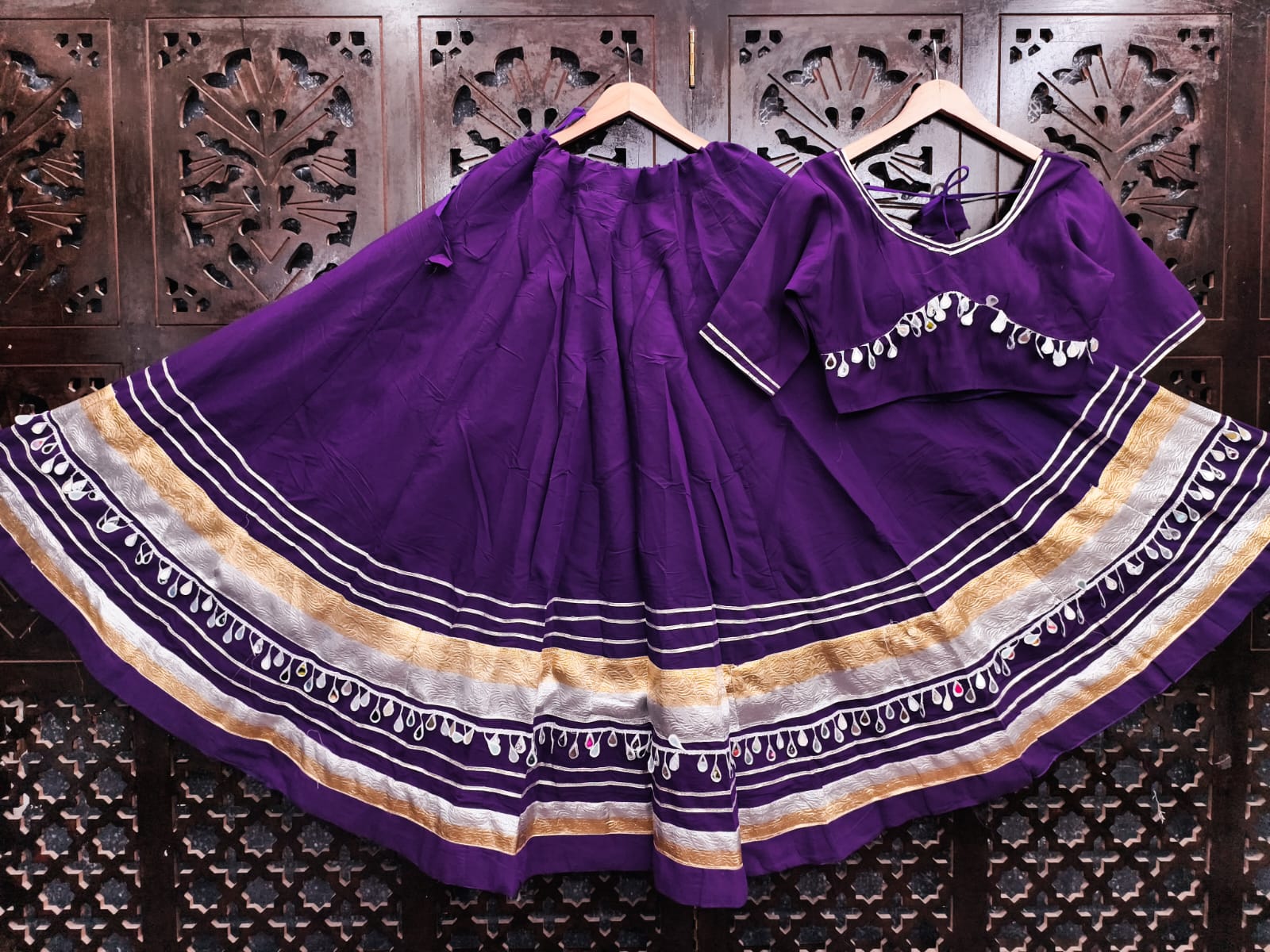 Purple Pure Roman Silk Multi Thread Gotta Patti Mirror Work Navratri Lehenga Choli