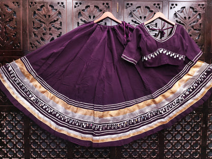 Purple Pure Roman Silk Multi Thread Gotta Patti Mirror Work Navratri Lehenga Choli
