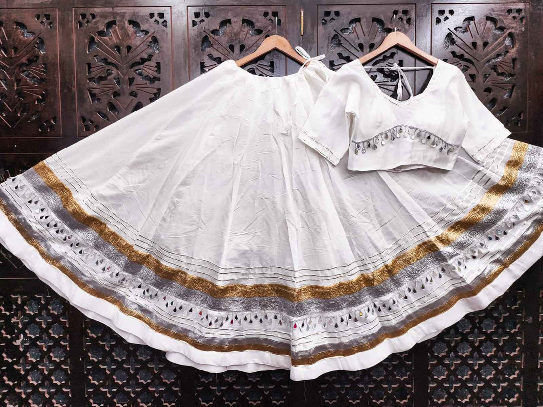White Pure Roman Silk Multi Thread Gotta Patti Mirror Work Navratri Lehenga Choli