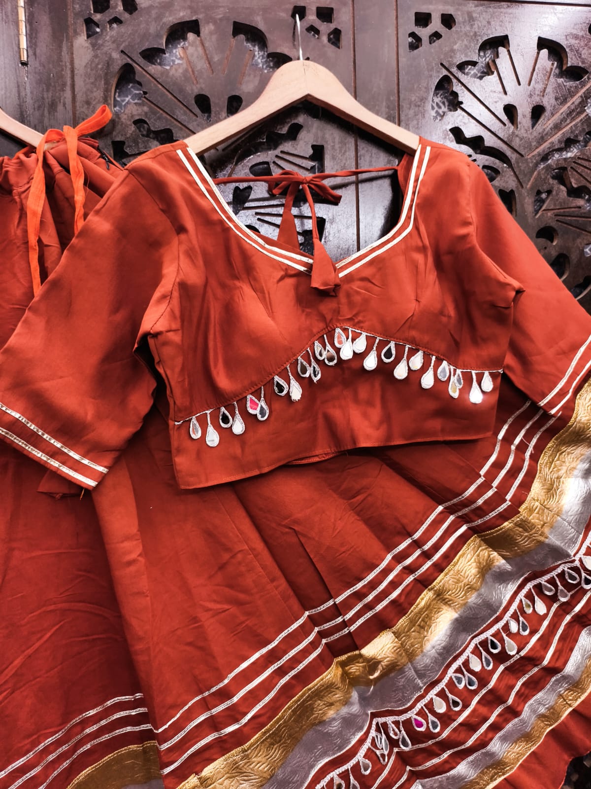 Rust Pure Roman Silk Multi Thread Gotta Patti Mirror Work Navratri Lehenga Choli