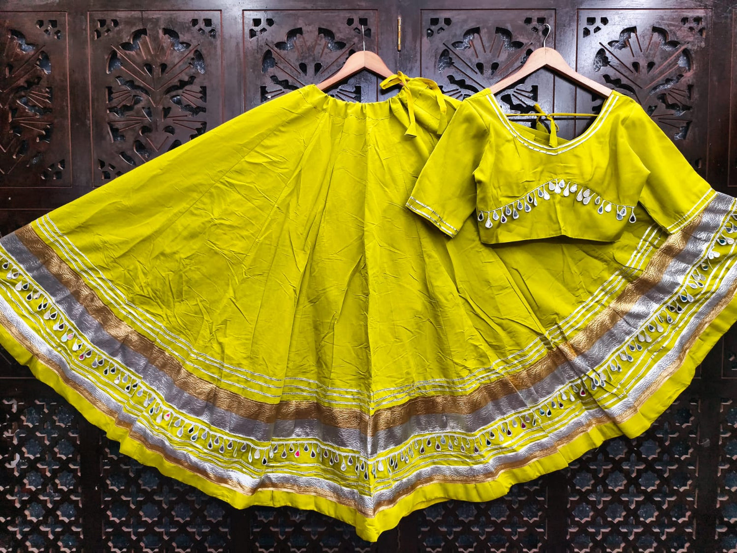 Lemon Pure Roman Silk Multi Thread Gotta Patti Mirror Work Navratri Lehenga Choli