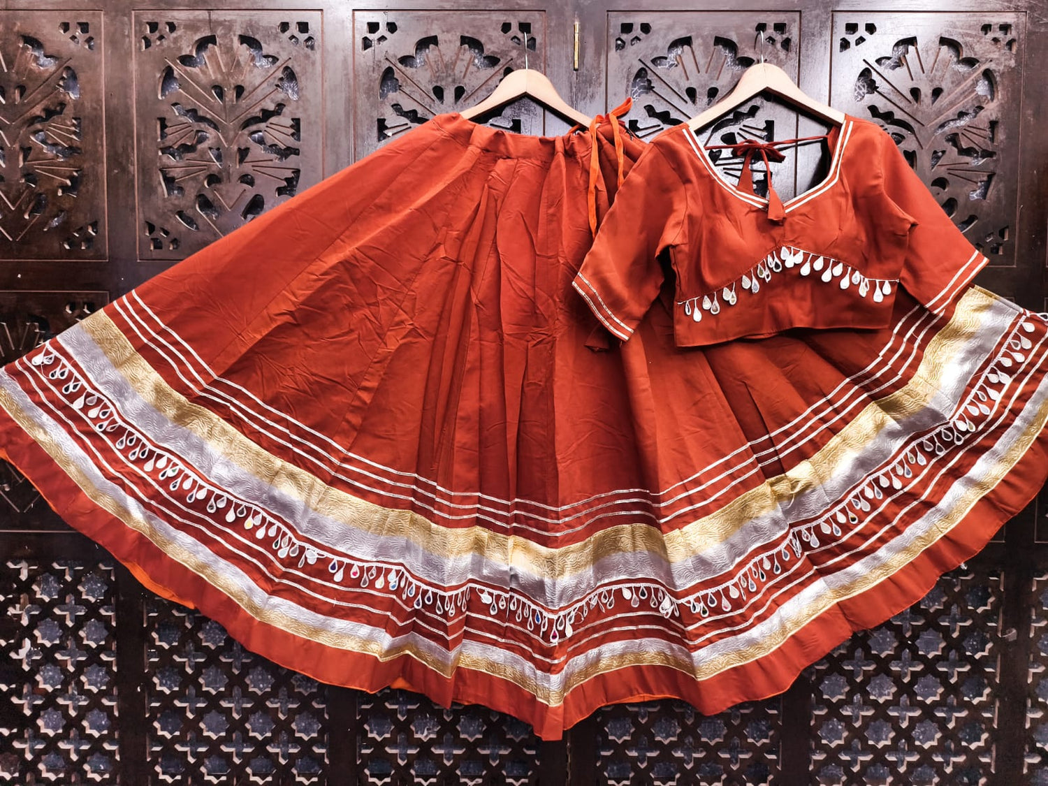 Rust Pure Roman Silk Multi Thread Gotta Patti Mirror Work Navratri Lehenga Choli