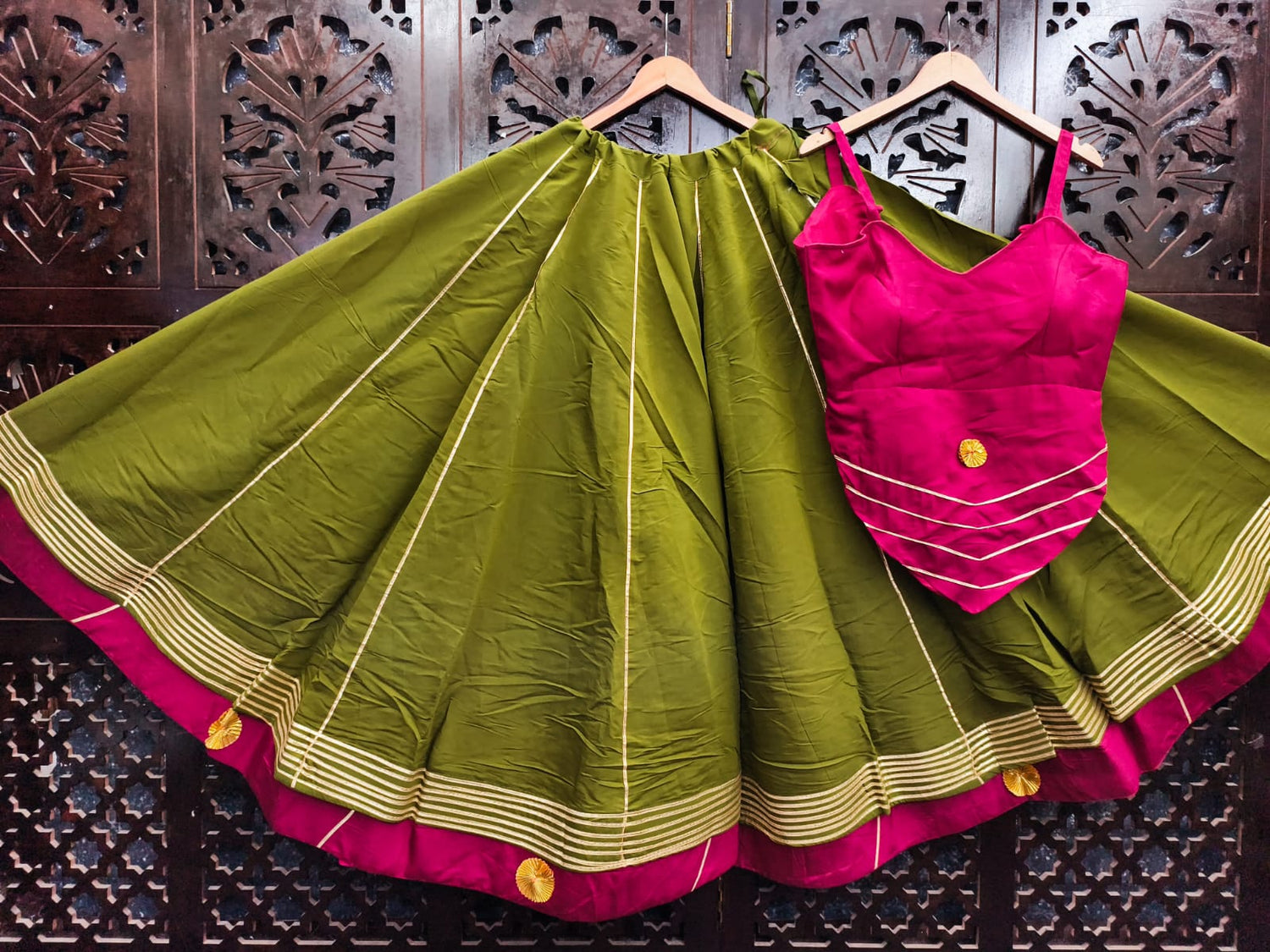 Green Pure Roman Silk 09 Mtr Flair Double Border Work Navratri Lehenga Choli
