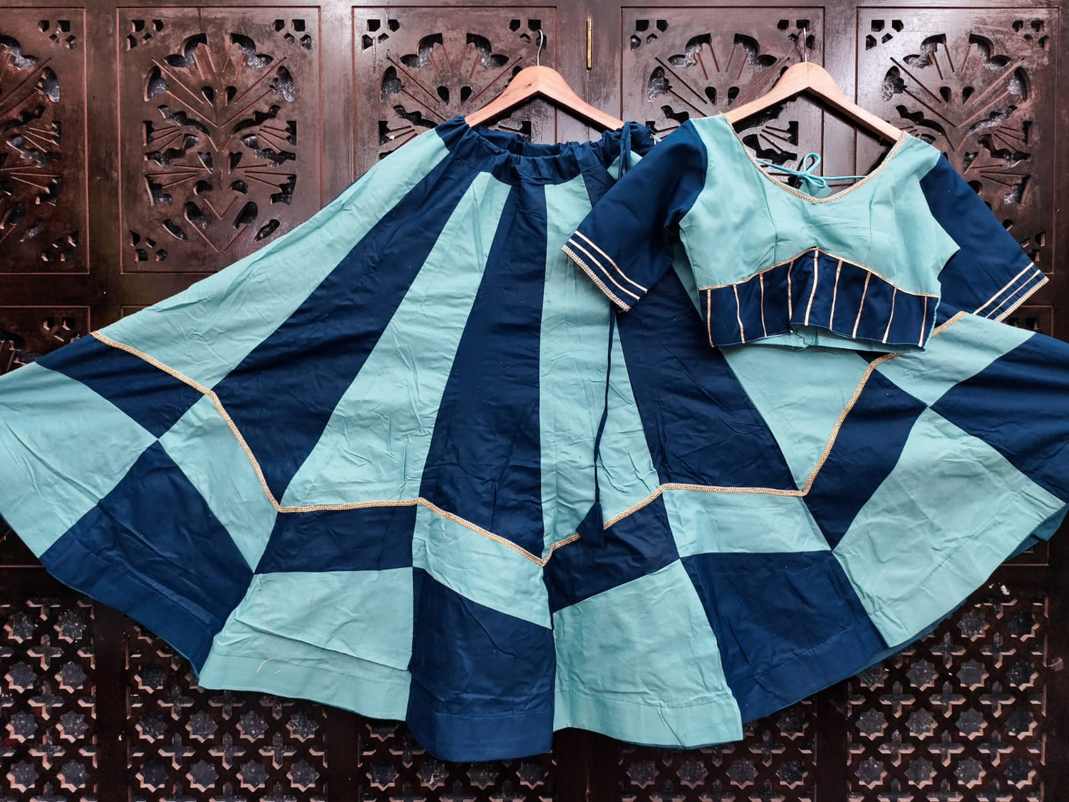 Sky Pure Roman Silk 06 Mtr Flair Double Colour Shade Navratri Lehenga Choli