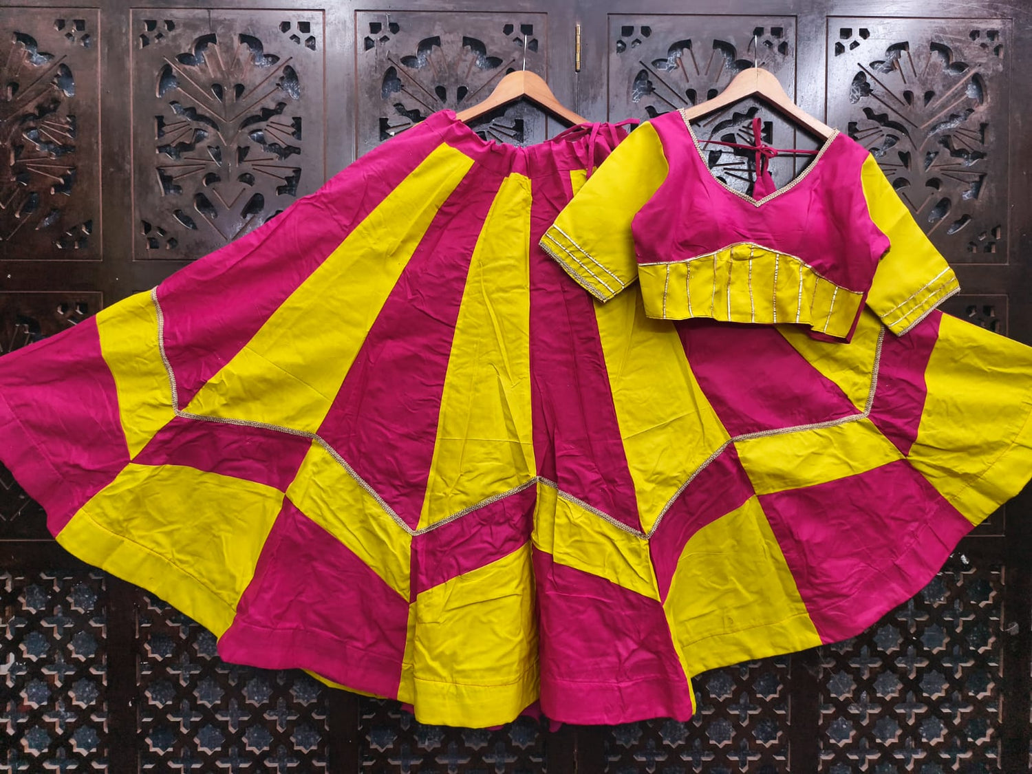 Yellow Pure Roman Silk 06 Mtr Flair Double Colour Shade Navratri Lehenga Choli