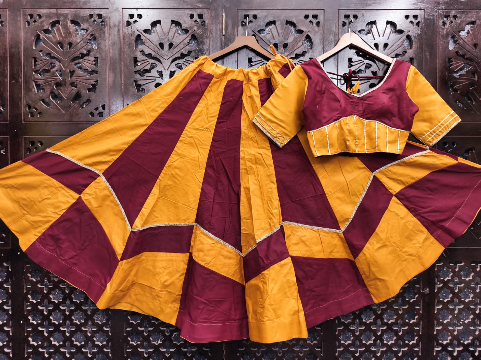 Maroon Pure Roman Silk 06 Mtr Flair Double Colour Shade Navratri Lehenga Choli