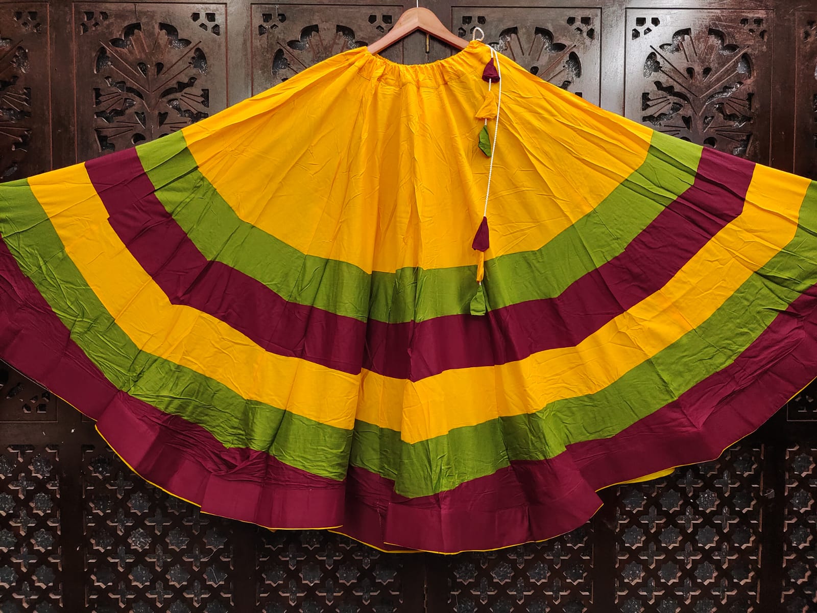 Yellow ue Pure Roman Silk 08 Mtr Flair Double Colour Shade Navratri Lehenga Choli