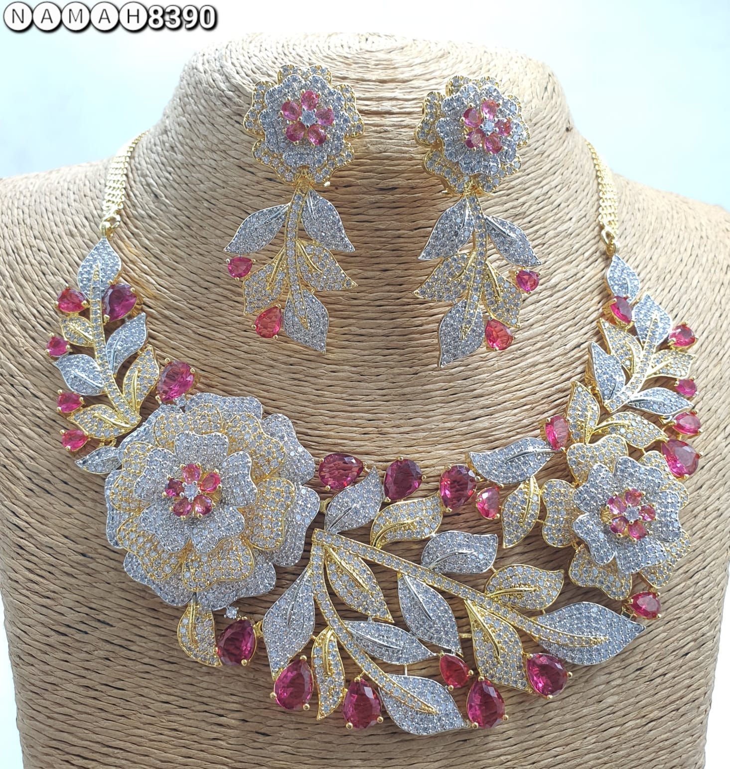 Red American Diamond Necklace Jewellery Set