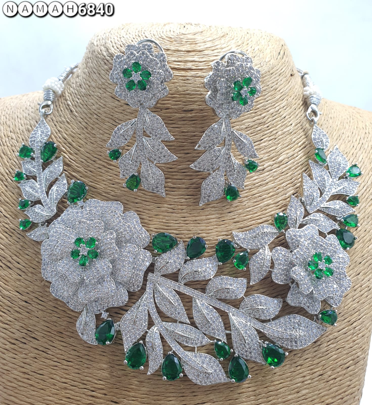 Green American Diamond Necklace Jewellery Set