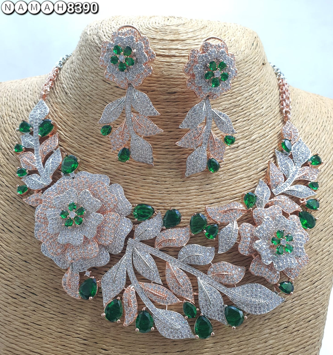 Green American Diamond Necklace Jewellery Set