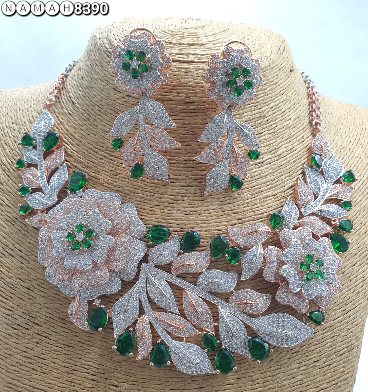 Green American Diamond Necklace Jewellery Set