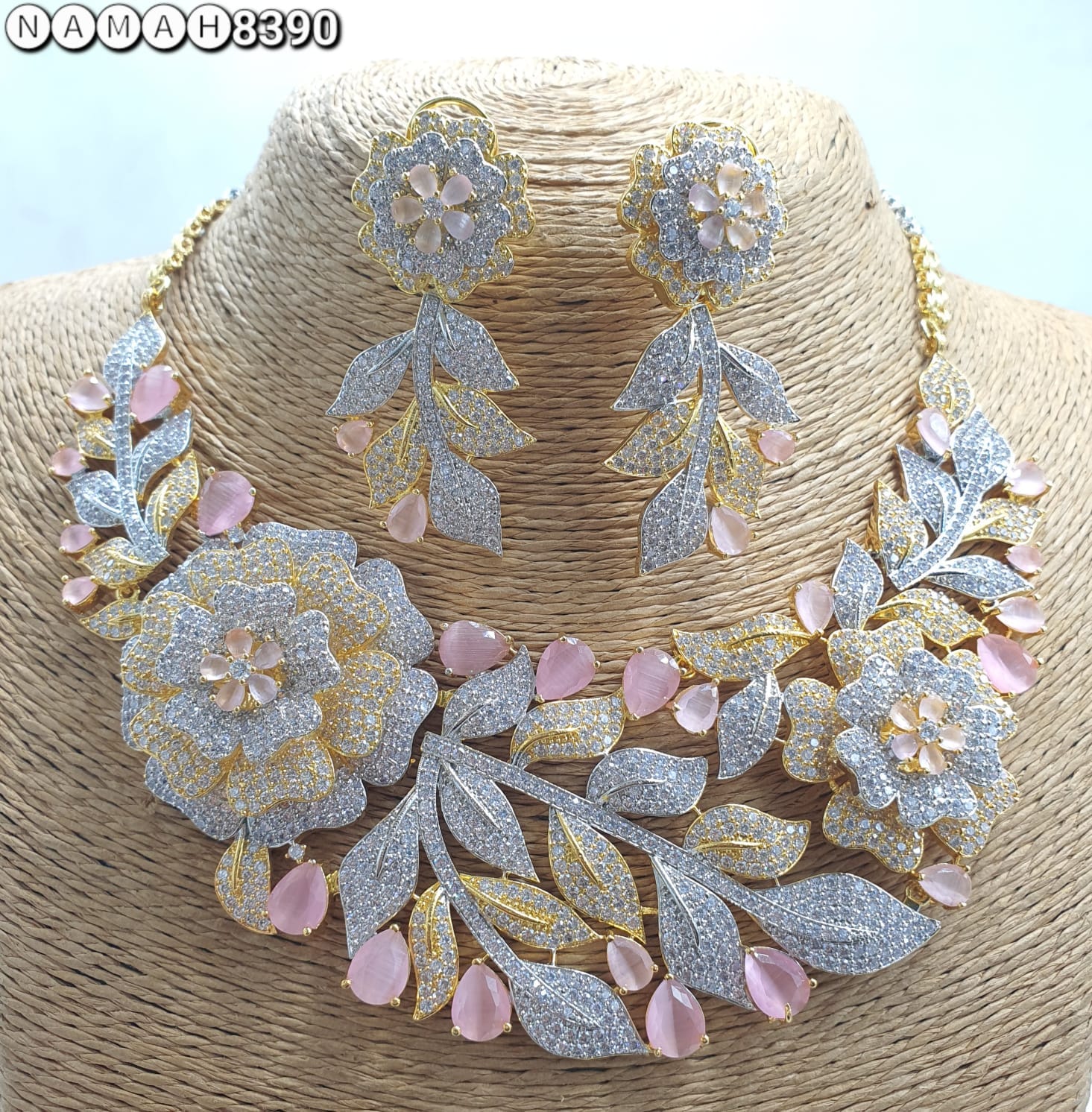 Pink American Diamond Necklace Jewellery Set