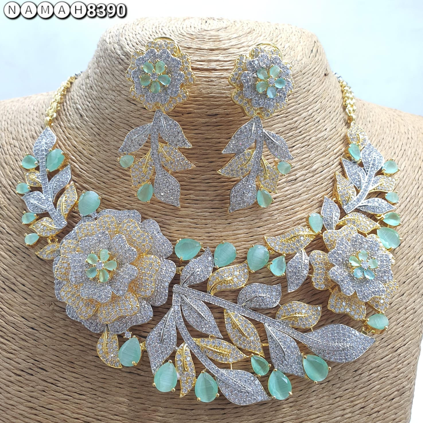 Mint Green American Diamond Necklace Jewellery Set