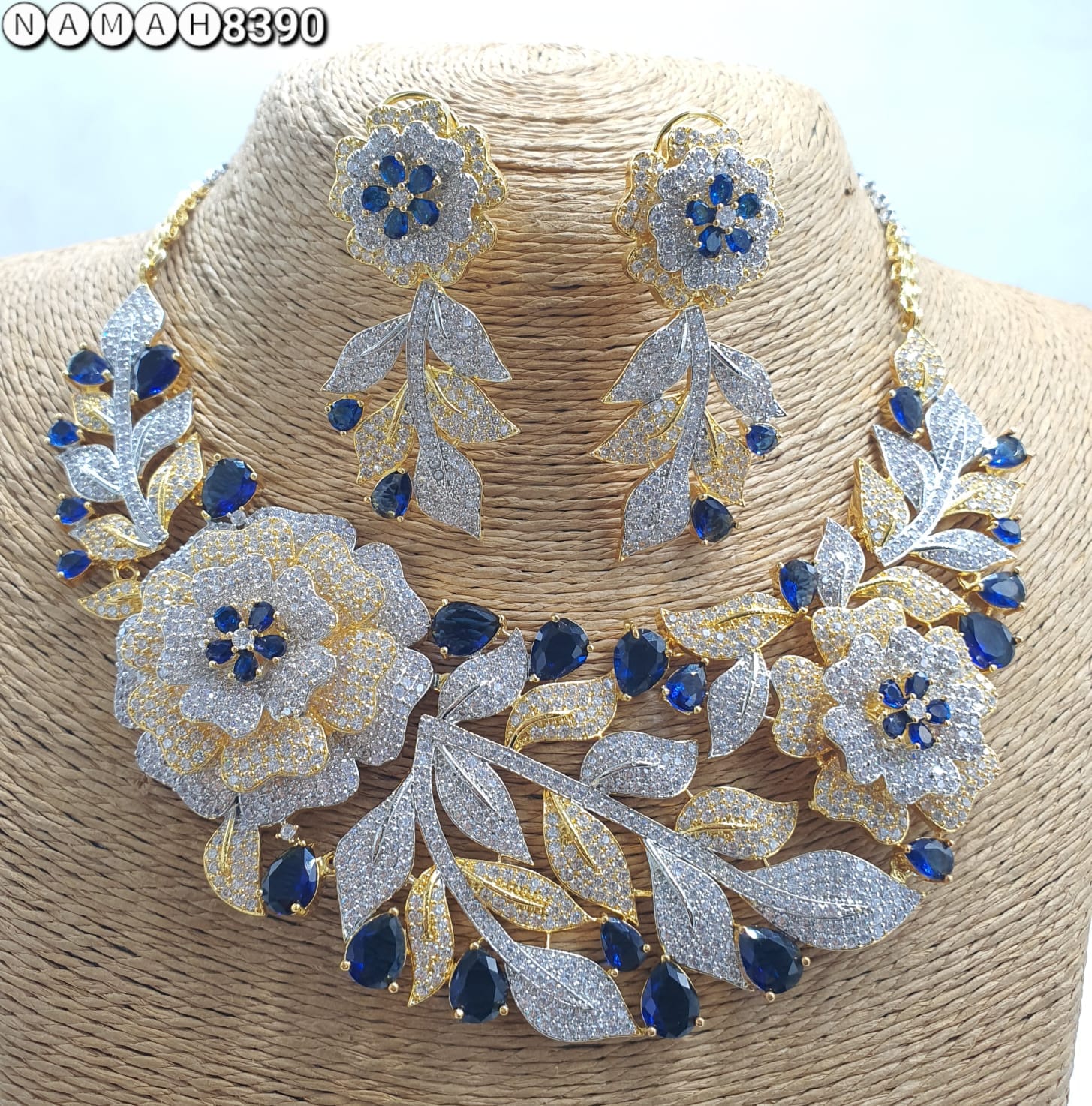 Navy American Diamond Necklace Jewellery Set
