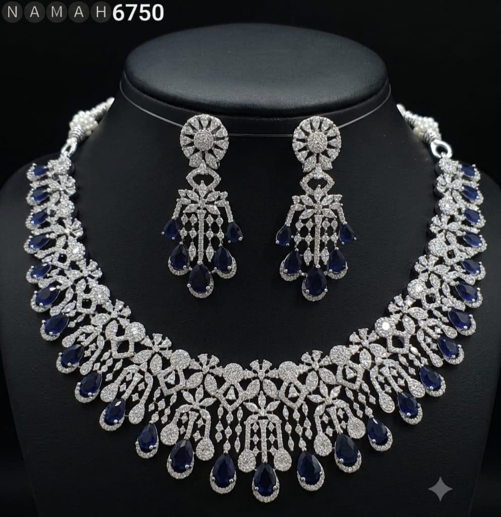 Navy American Diamond Necklace Jewellery Set