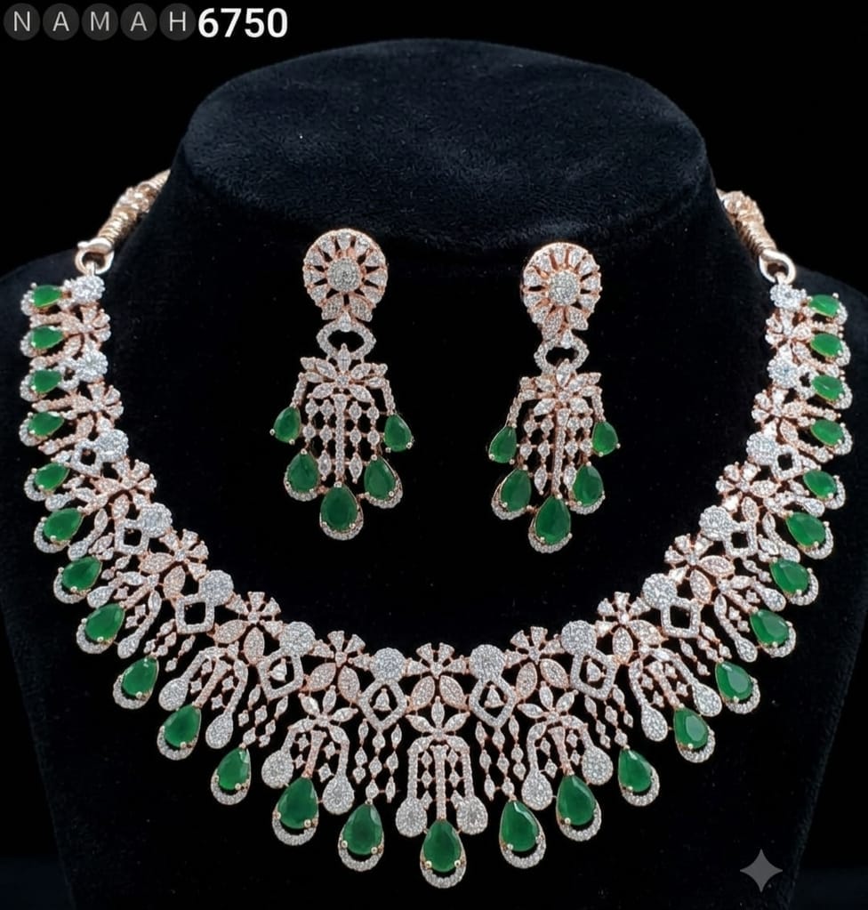 Green American Diamond Necklace Jewellery Set