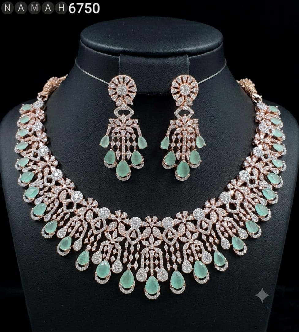 Mint Green American Diamond Necklace Jewellery Set