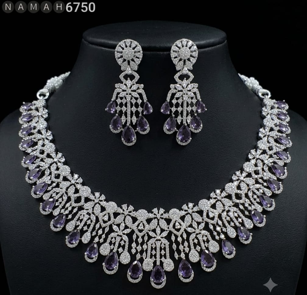 Navy American Diamond Necklace Jewellery Set