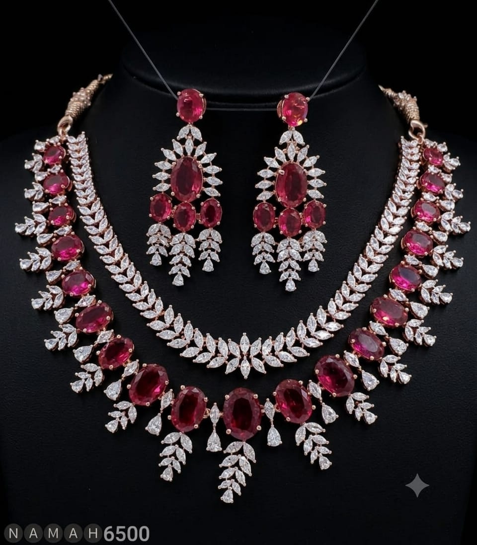 Pink American Diamond Necklace Jewellery Set