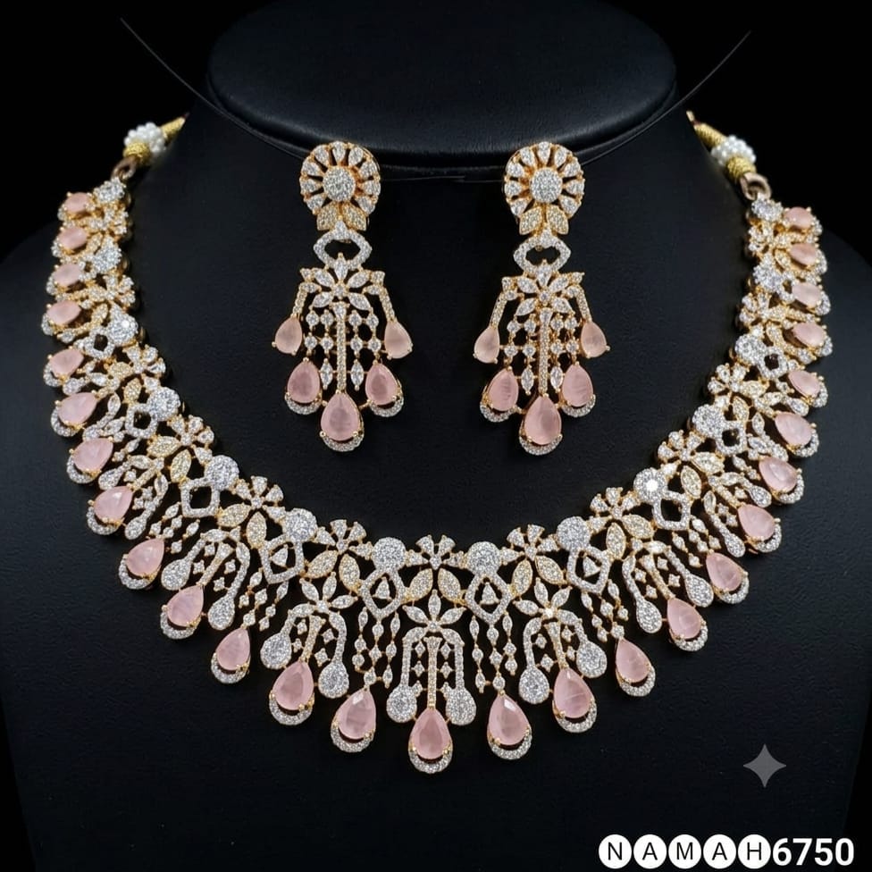 Pink American Diamond Necklace Jewellery Set