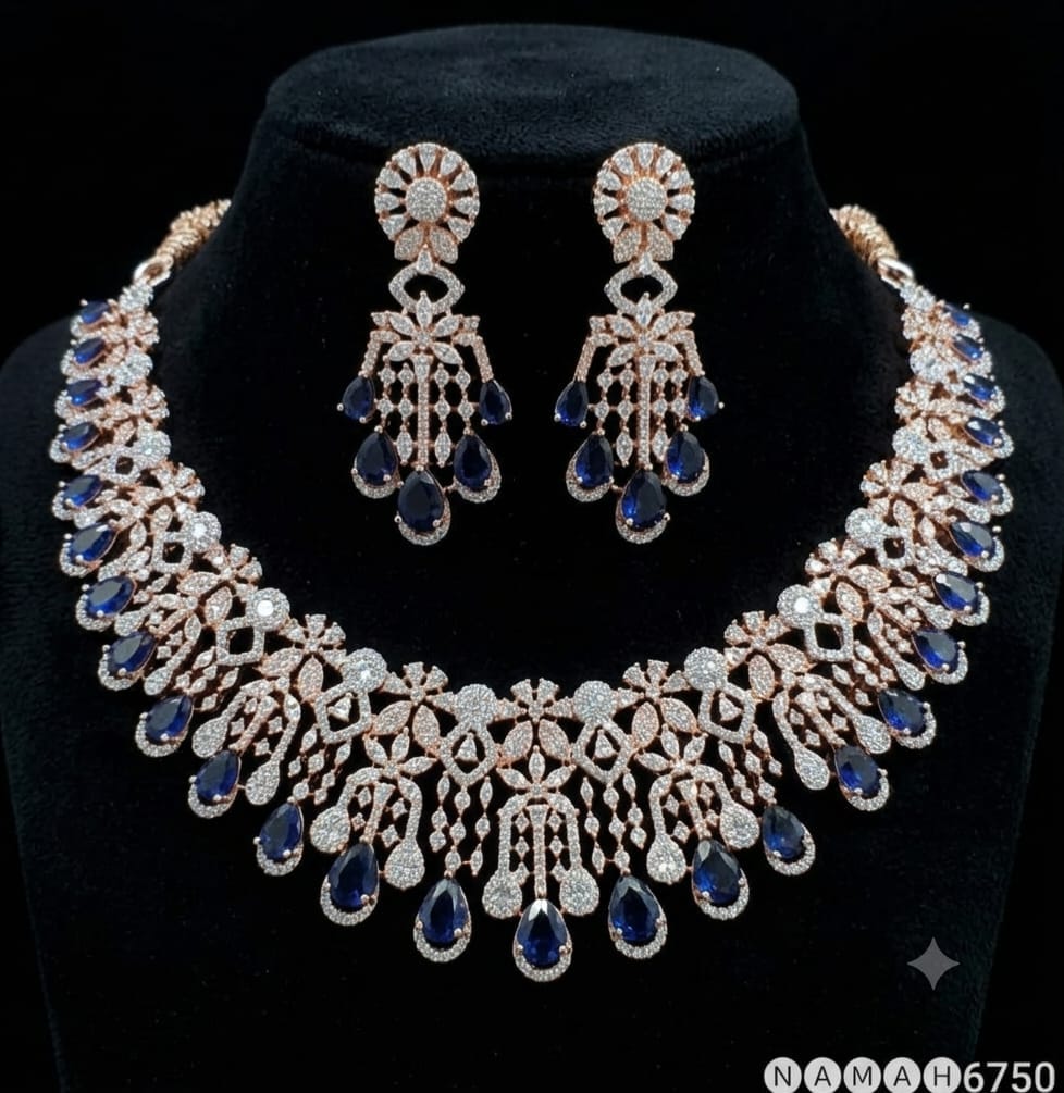 Blue American Diamond Necklace Jewellery Set