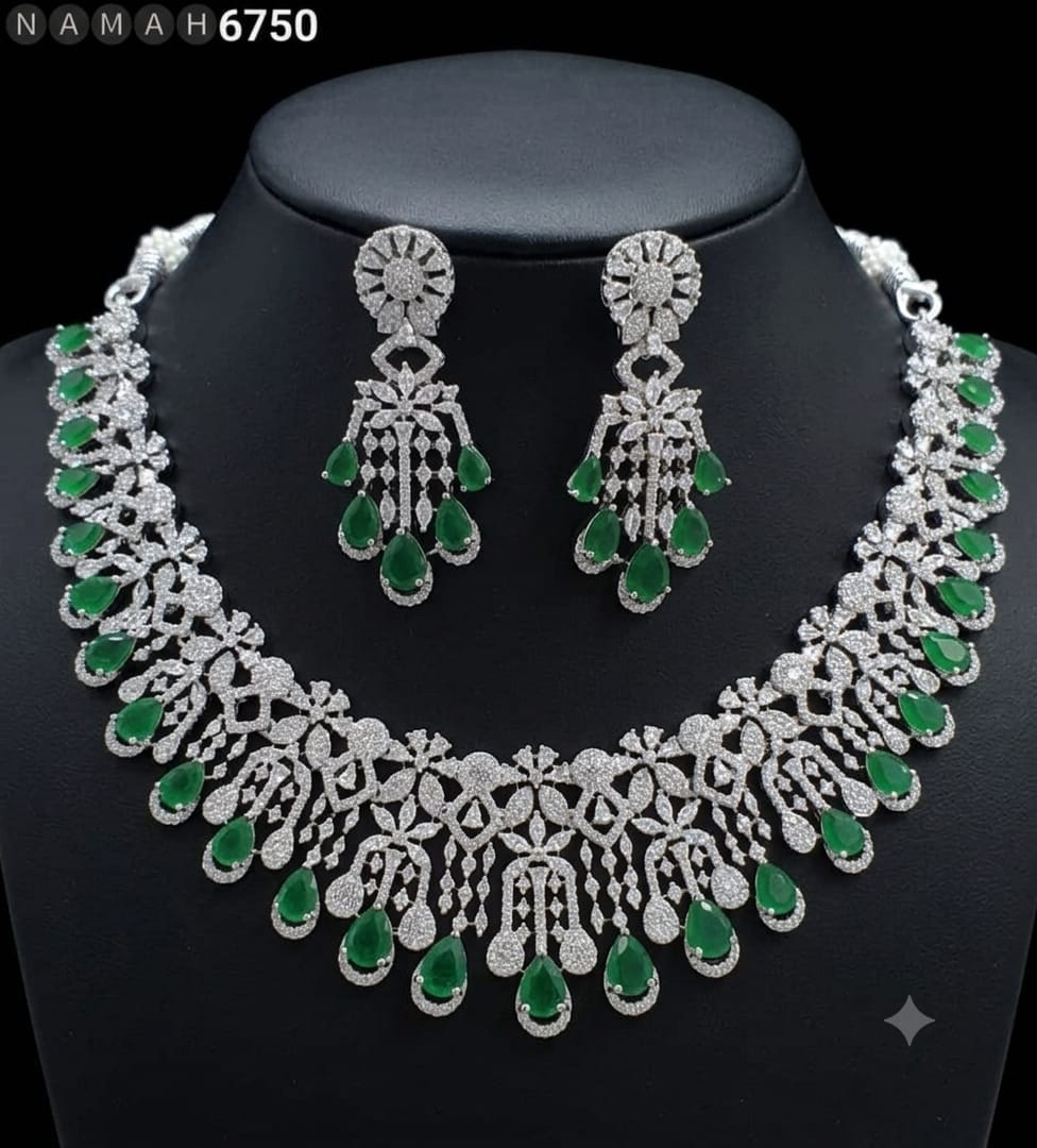 Green American Diamond Necklace Jewellery Set