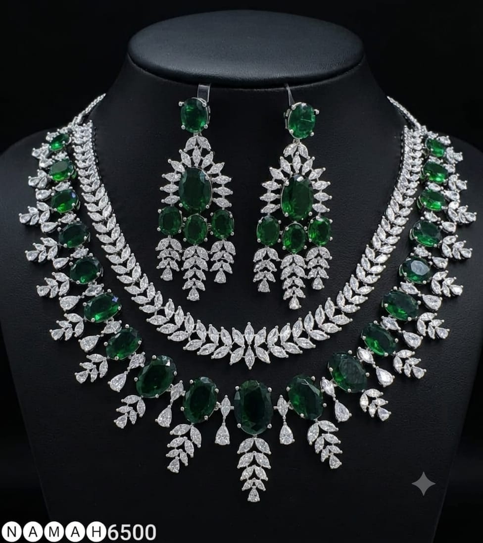 Green American Diamond Necklace Jewellery Set