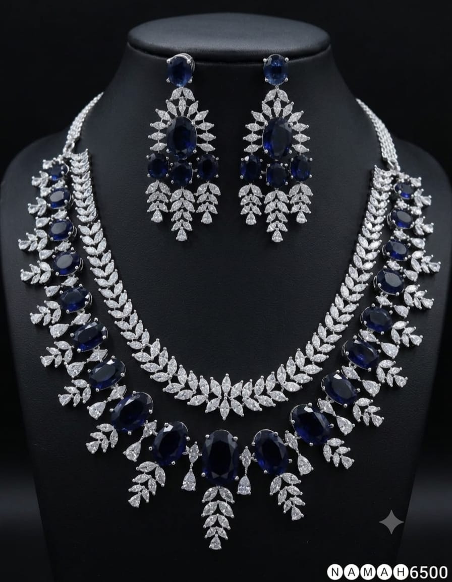 Navy American Diamond Necklace Jewellery Set