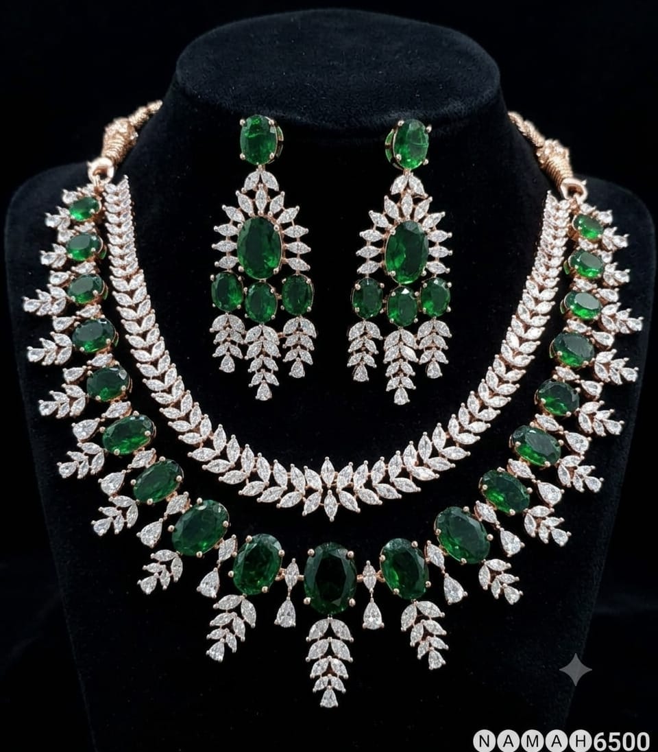 Green American Diamond Necklace Jewellery Set