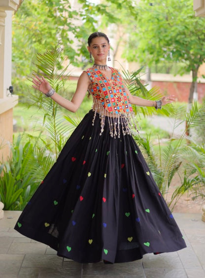 Black Pure Kora Cotton Multi Thread Gotta Patti Mirror Work Navratri Lehenga Choli