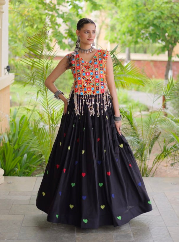Black Pure Kora Cotton Multi Thread Gotta Patti Mirror Work Navratri Lehenga Choli