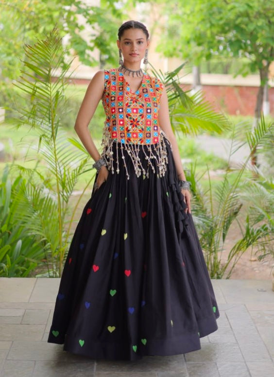 Black Pure Kora Cotton Multi Thread Gotta Patti Mirror Work Navratri Lehenga Choli